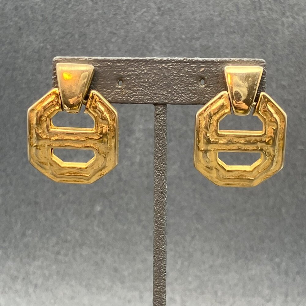 Vintage TAT Pierced Earrings 1.5 in Gold Octagon Hoop Statement Elegant Retro